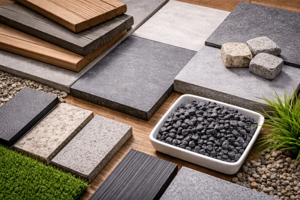 Verschillende monsters van tuinmaterialen, zoals houten planken, grijze tegels en een bakje met antraciet grind, overzichtelijk naast elkaar gepresenteerd.